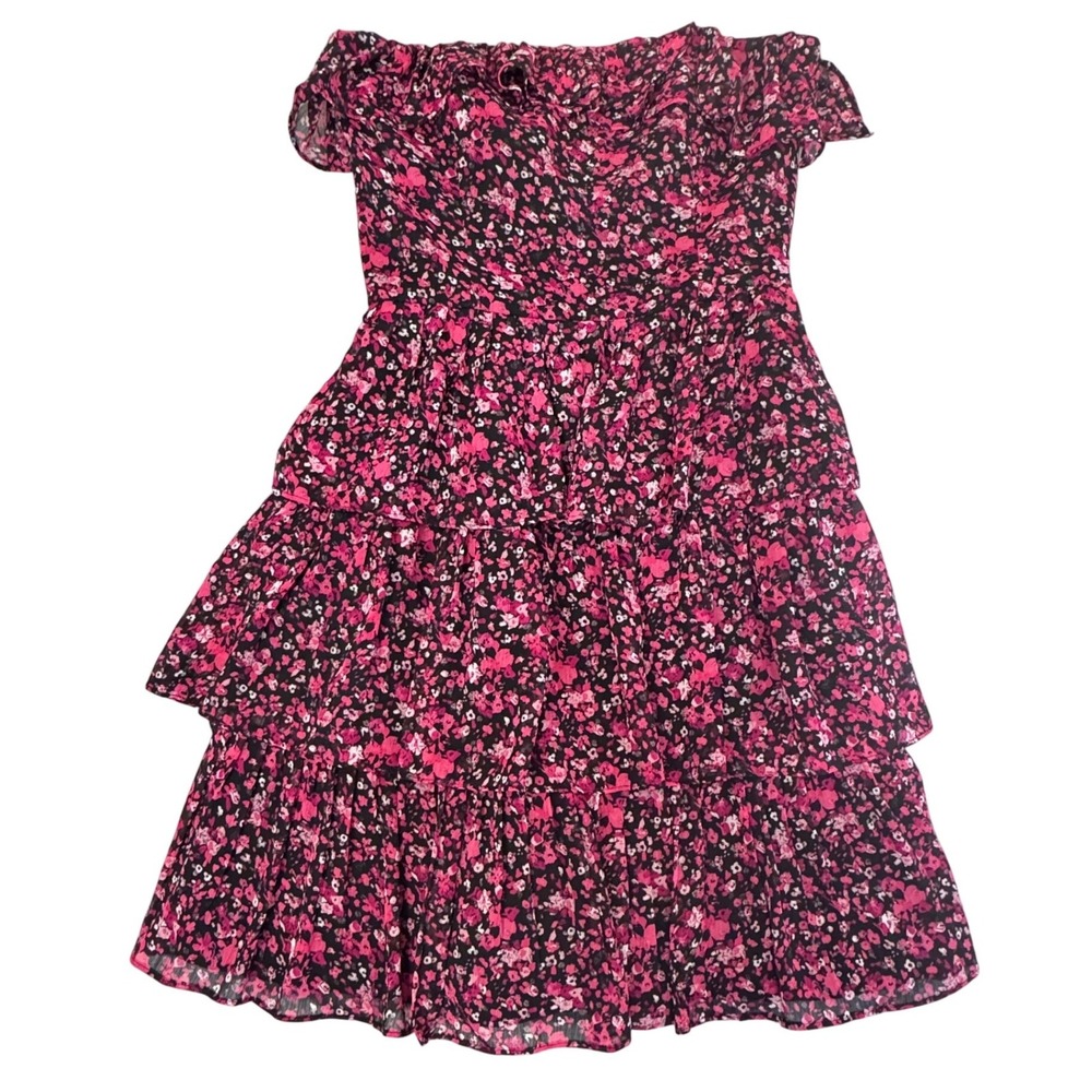 White House Black Market Floral Mini Strapless Dress 4 Tiered‎ Ruffle Pink Black